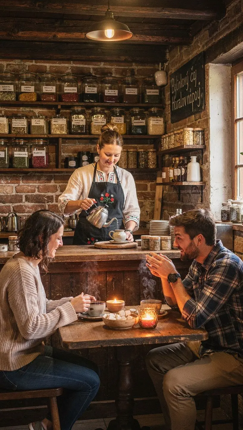 Krásne usporiadané šálky s čajom a slovenským folklórnym vzorom