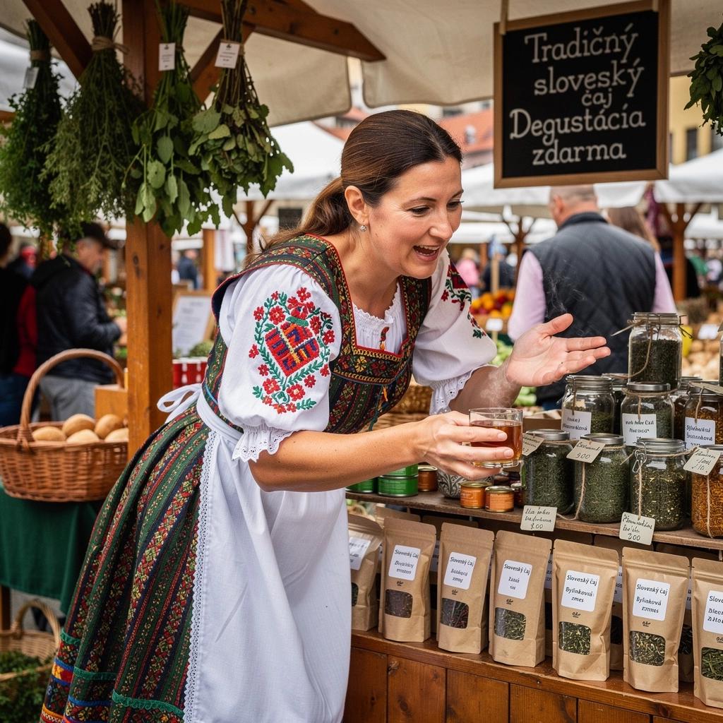 Ručne šité obrúsky s tradičnými slovenskými motívmi pri čaji